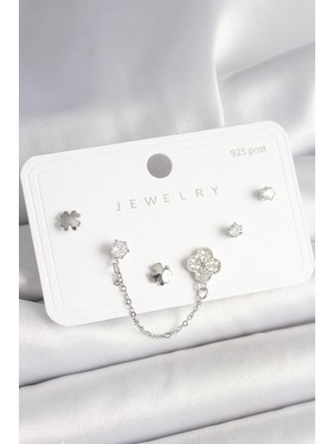 İlkyaz Fashion 925 Ayar Gümüş Çivi Pirinç Gümüş Renk Zirkon Taşlı Yonca Model Sallantı Zincir Detay Kad�