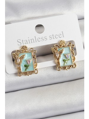 İlkyaz Fashion Pirinç Yeşil Mineli Sanatsal Portre Model Gold Renk Kadın Küpe ILKYAZB-RSBJTR34