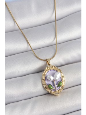 İlkyaz Fashion 316L Çelik Gold Renk Mor Incili Çiçek Işlemeli Portre Model Kadın Kolye ILKYAZB-RSBJTR34