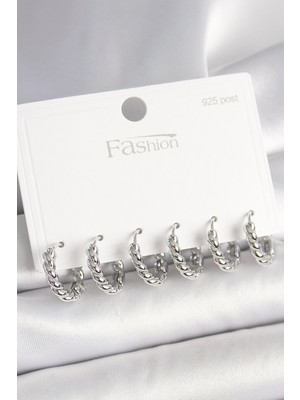 İlkyaz Fashion 925 Ayar Gümüş Çivi Pirinç Gümüş Renk Sarmal Halka Model Kadın Küpe Seti ILKYAZB-RSBJTR34