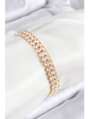 İlkyaz Fashion Pirinç Zirkon Taşlı Çift Sıra Kare Model Gold Renk Asansörlü Kadın Bileklik ILKYAZB-RSBJTR34