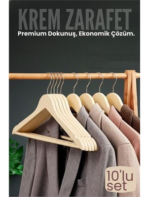 İlkyaz Fashion 10'lu Lüks Krem Elbise Ceket Askısı - Ergonomik & Kaymaz Plastik Askı Seti -  Ahşap Görünüml