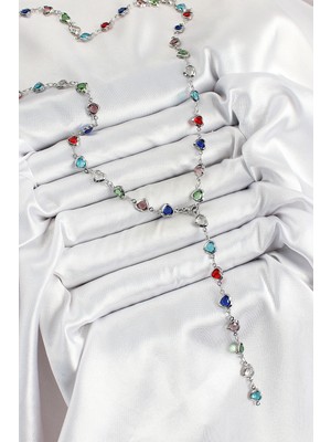 İlkyaz Fashion Pirinç Gümüş Renk Karışık Renk Zirkon Taşlı Kalpli Y Kadın Kolye ILKYAZB-RSBJTR34