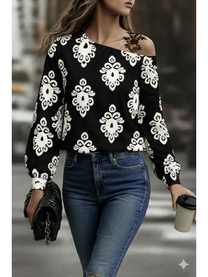 Etiler Collection Kadın Askılı Uzun Kollu Omuzlardan Açık Desenli Mosskrep Bluz