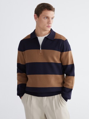 Polo Yaka Çizgili Erkek Triko Kazak