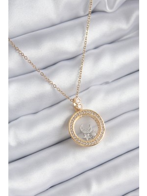 İlkyaz Fashion 316L Çelik Gold Renk Zirkon Taş Detay Ay Yıldız Fanus Model Kadın Kolye ILKYAZB-RSBJTR34