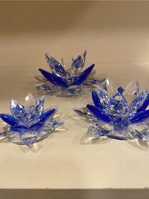 PremiumPort 3'lü Kristal Nilüfer Çiçeği Dekoratif Obje Gece Mavi Seti