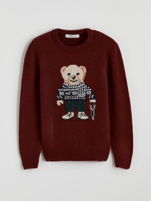 Bisiklet Yaka Ayı Teddy Desenli Erkek Çocuk Triko Kazak