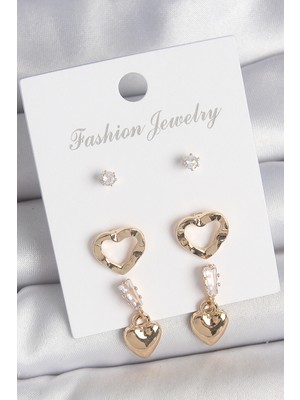 İlkyaz Fashion Pirinç Gold Renk Zirkon Taşlı Sallantı Kalp Model Kadın 3 Çift Küpe Seti ILKYAZB-RSBJTR34