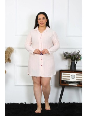 İlkyaz Fashion Kadın Büyük Beden Keten Düğmeli Uzun Kol Pembe Tunik Gecelik