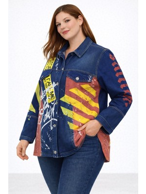 Şans Kadın Büyük Beden Lacivert, Baskı Detaylı Astarsız Kot Ceket