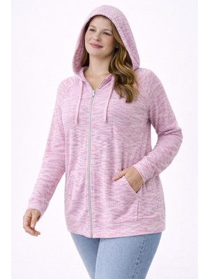 Şans Kadın Büyük Beden Pembe, Kapüşonlu, Fermuar Kapama, Cepli Uzun Astarsız Ceket 65N39279