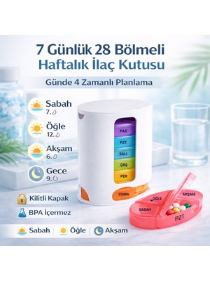 Polham 7 Günlük 28 Bölmeli Haftalık Kutusu – Kilitli Kapak, Bpa Içermez, Günde 4 Zamanlı ve Takviye Düzenleyici