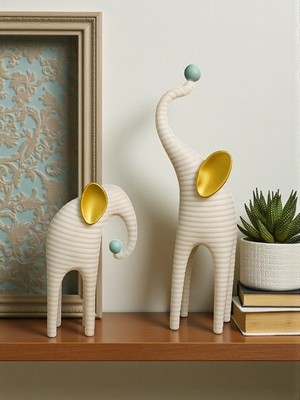 Hediye Fikri Modern Beyaz Altın Kulaklı Fil Heykeli Seti – Turkuaz Detaylı Dekoratif Ikili Fil Biblo
