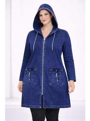 Şans Kadın Büyük Beden Lacivert, Taş Işli, Fermuar Kapama, Kapüşonlu Rahat Kesim Cepli Kot Ceket 65N39320