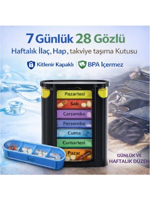 Polham 7 Günlük 28 Bölmeli Haftalık Takviye Kutusu – Kilitli Kapak, Bpa Içermez, Günlük Takviye Düzenleyici