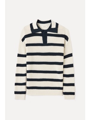 Çizgili Polo Yaka Kazak Erkek Ekru Renk Günlük Stil Uzun Kol Regular Kesim