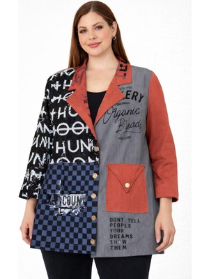 Şans Kadın Büyük Beden Gri, Payet ve Baskı Detaylı Astarsız Ince Kot Ceket 65N39334