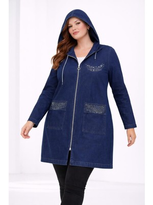 Şans Kadın Büyük Beden Lacivert, Taş Işli, Fermuar Kapama, Kapüşonlu Rahat Kesim Cepli Kot Ceket 65N39318