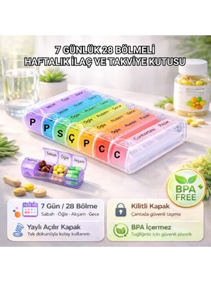 Polham 7 Günlük 28 Bölmeli Kilitli ve Takviye Kutusu L Yaylı Kutulu L Bpa Içermez L Haftalık Kutusu