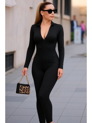 Etiler Collection Kadın Uzun Kollu V Yaka Parmak Geçirmeli Detay Kaşkorse Tulum