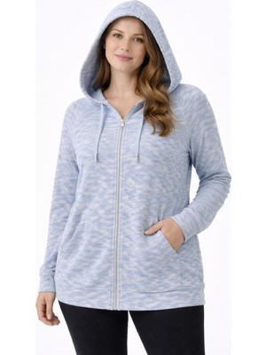 Şans Kadın Büyük Beden Mavi, Kapüşonlu, Fermuar Kapama, Cepli Uzun Astarsız Ceket 65N39279