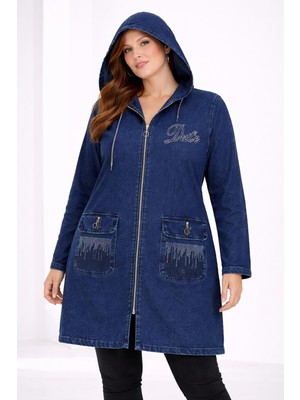 Şans Kadın Büyük Beden Lacivert, Taş Işli, Fermuar Kapama, Kapüşonlu Rahat Kesim Cepli Kot Ceket 65N39319