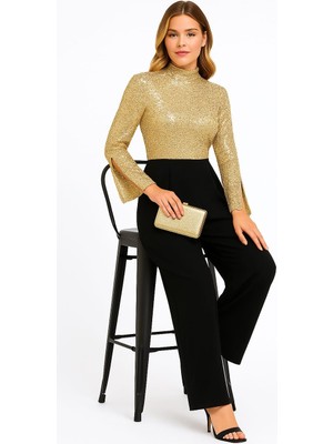 Şans Kadın Büyük Beden Gold-Siyah, Pul Payet Işli, Kol Yırtmaçlı, Geniş Paça Cepli Abiye Tulum 65N39204