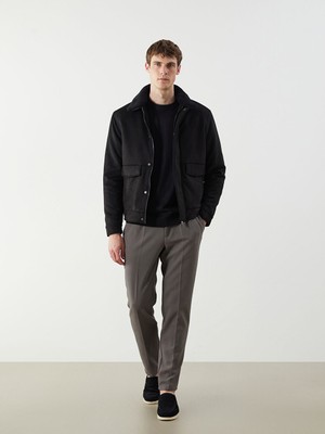 LC Waikiki Siyah Standart Kalıp Kürk Yaka Süet Erkek Mont