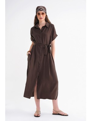 Mixray 4699 Kadın Düşük Kol Düğmeli Kuşaklı Elbise Kahve