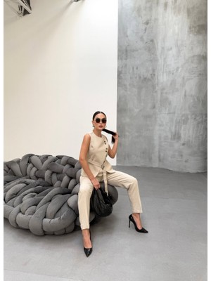 Etiler Collection Ti̇na Asi̇metri̇k Keten Yelek Pantolon Takim