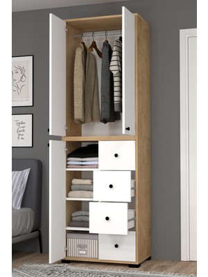 Mobilique Bükreş No.2 Çok Amaçlı Askılı 4 Çekmeceli 3 Raflı Dolap Safir-Beyaz