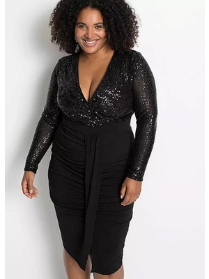 Şans Kadın Büyük Beden Siyah, Anvelop Yaka, Pul Payet Işli Abiye Elbise 65N39158