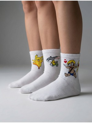 Orbit Premium 3'lü Set Baskılı Sevimli Figürlü Beyaz Kolej Çorabı - Pamuklu Eğlenceli Desenli Kadın Tenis Çorap