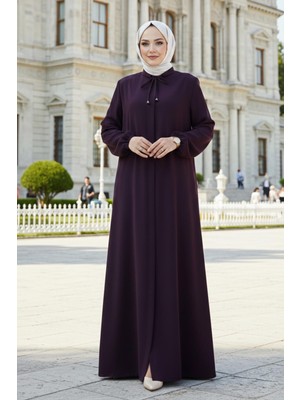 Yakası Bağcık Detaylı Büyük Beden Ferace Mor HM2868