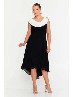 Şeref Vural Kadın Büyük Beden Omzu Taşlı Degaje Yaka Midi Abiye Elbise 6783 Siyah