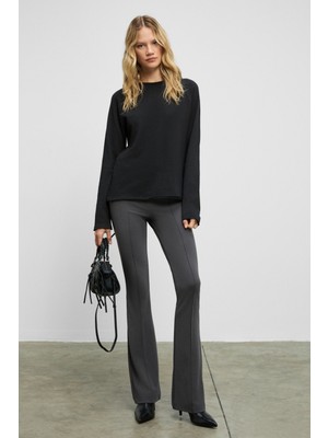 Grimelange Kıssora Kadın Organik Pamuklu Yuvarlak Yaka Reglan Kol Uzun Kollu Relax Fit Antrasit Bluz