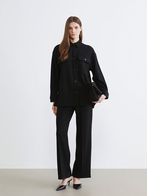 LC Waikiki Siyah Parlak Dokulu Oversize Kadın Gömlek Tunik