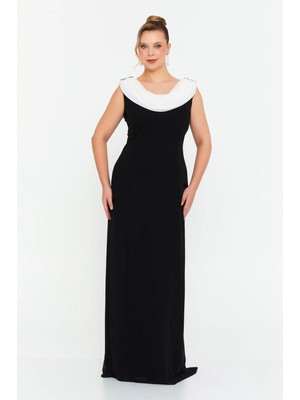 Şeref Vural Kadın Büyük Beden Omzu Taşlı Degaje Yaka Uzun Abiye Elbise 6526 Siyah