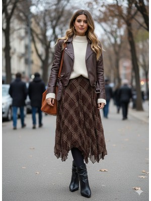 Nisan Triko Ekose Desenli Asimetrik Midi Etek