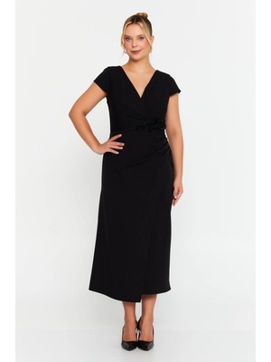 Doridorca Kadın Büyük Beden Kruvaze Beli Taş Detaylı Kısa Kol Midi Abiye Elbise 7023 Siyah