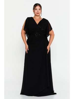 Doridorca Kadın Büyük Beden Kruvaze Yaka Şifon Uzun Abiye Elbise 7038 Siyah
