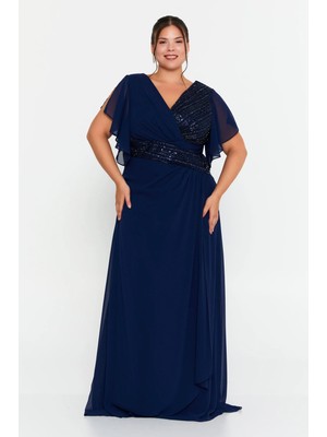 Doridorca Kadın Büyük Beden Kruvaze Yaka Şifon Uzun Abiye Elbise 7038 Lacivert