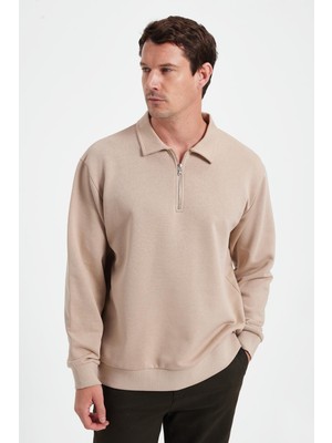 Tudors Erkek Relax Fit Rahat Kesim Pamuklu 3 Iplik Fermuarlı Polo Yaka Taş Sweatshirt