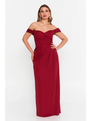 Doridorca Kadın Büyük Beden Kalp Yaka Krep Kumaş Uzun Abiye Elbise 6062 Bordo