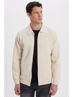 Tudors Unisex Relax Fit Rahat Kesim Pamuklu Iç Polarlı Fermuarlı Bej Polo Yaka Flato Cepli Sweatshirt Hırka