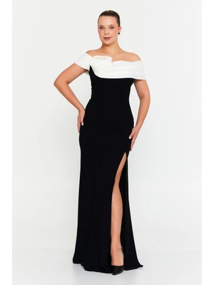 Şeref Vural Kadın Büyük Beden Madonna Yaka Derin Yırtmaçlı Balık Form Abiye Elbise 8318 Siyah-Beyaz