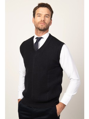 Tudors Erkek Slim Fit V Yaka Kendinden Desenli Lacivert Süveter