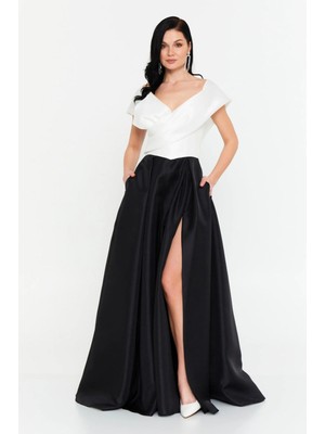 Şeref Vural Kadın Madonna Yaka Derin Yırtmaçlı Kloş Uzun Abiye Elbise 8416 Siyah-Beyaz