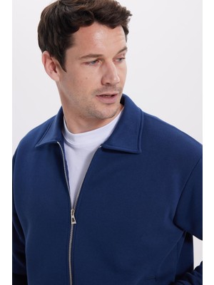 Tudors Unisex Relax Fit Rahat Kesim Pamuklu Iç Polarlı Fermuarlı Lacivert Polo Yaka Flato Cepli Sweatshirt Hırka